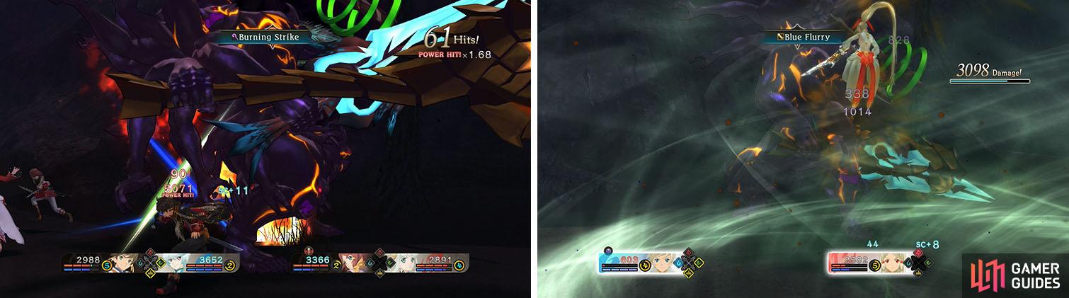 Use your martial artes to keep the boss staggered (left) and hopefully avoid his powerful attacks (right).