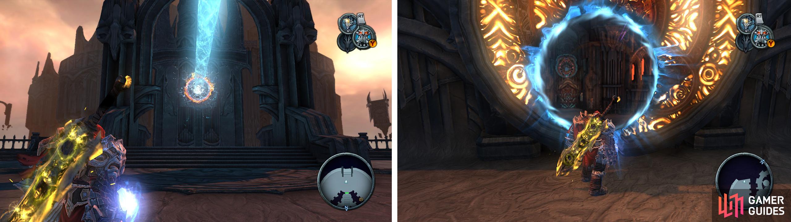 When you arrive outside (left). Activate the first pillar’s portal, then activate the second pillar’s portal pad through the portal (right) before re-activating the first pillar again.