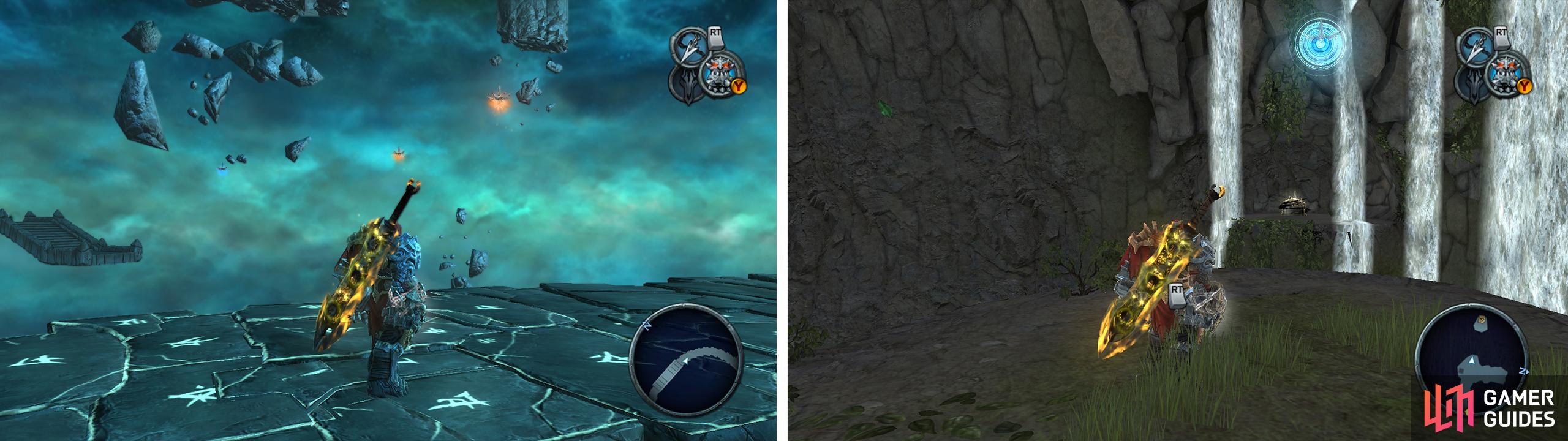 Look for the grapple point halfaw through the serpent hole (left) and follow it to a Wrath Shard. In Anvil’s Ford find the grapple point to the floating island (right) where there is another Wrath Shard.