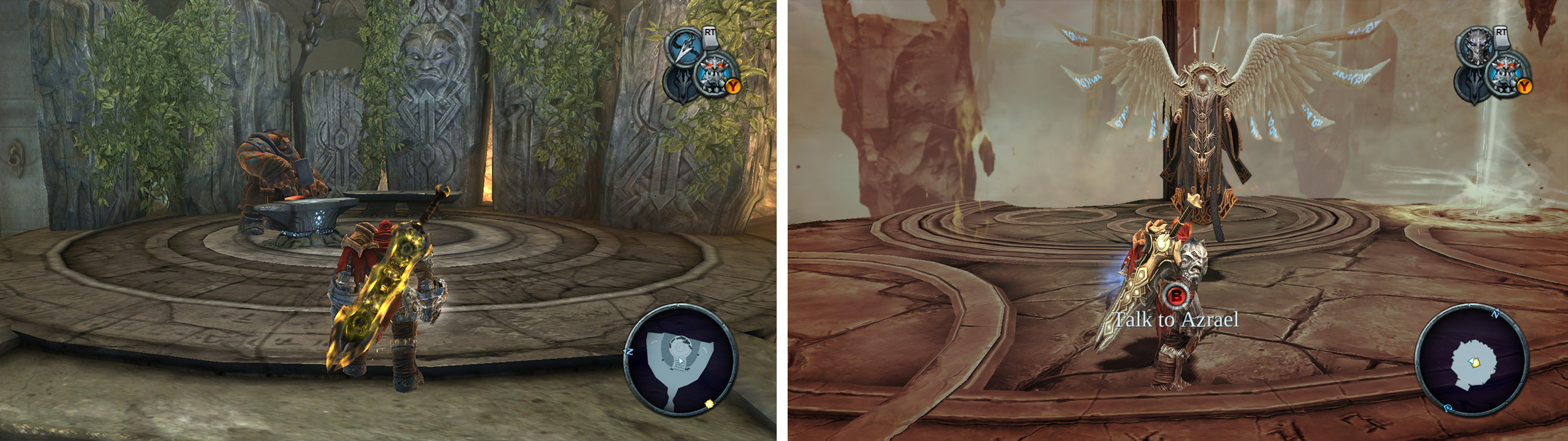 Take the Armageddon Blade Shards to Ulthane (left) and then speak with Azrael in Leviathan’s Drift (right).