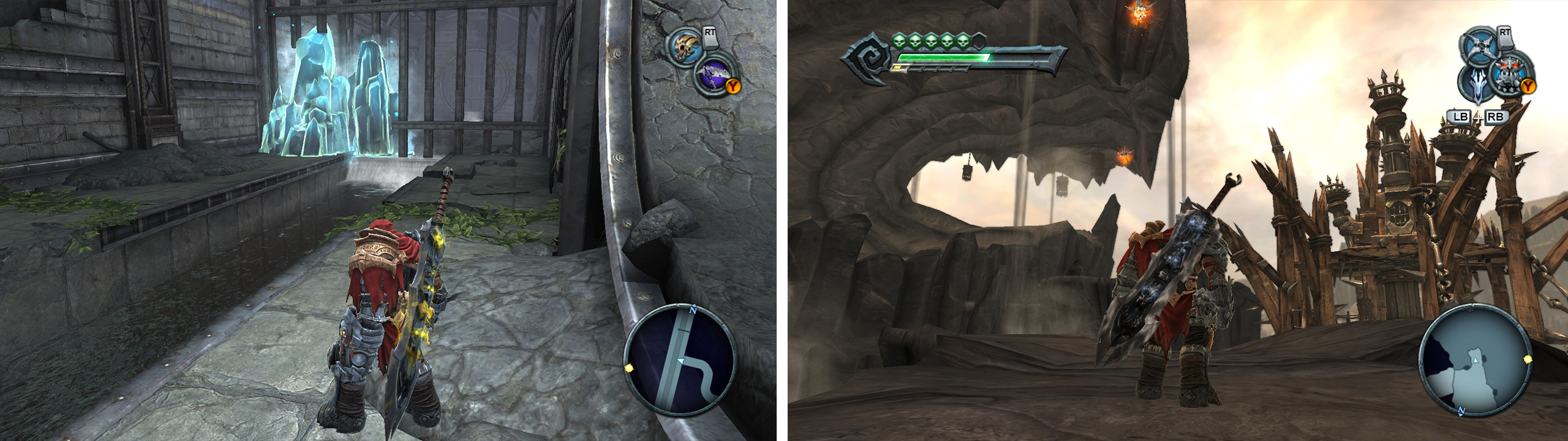 Blue Crystals (left) and Grapple Points (right) are two of the most common points of interest in the game world.