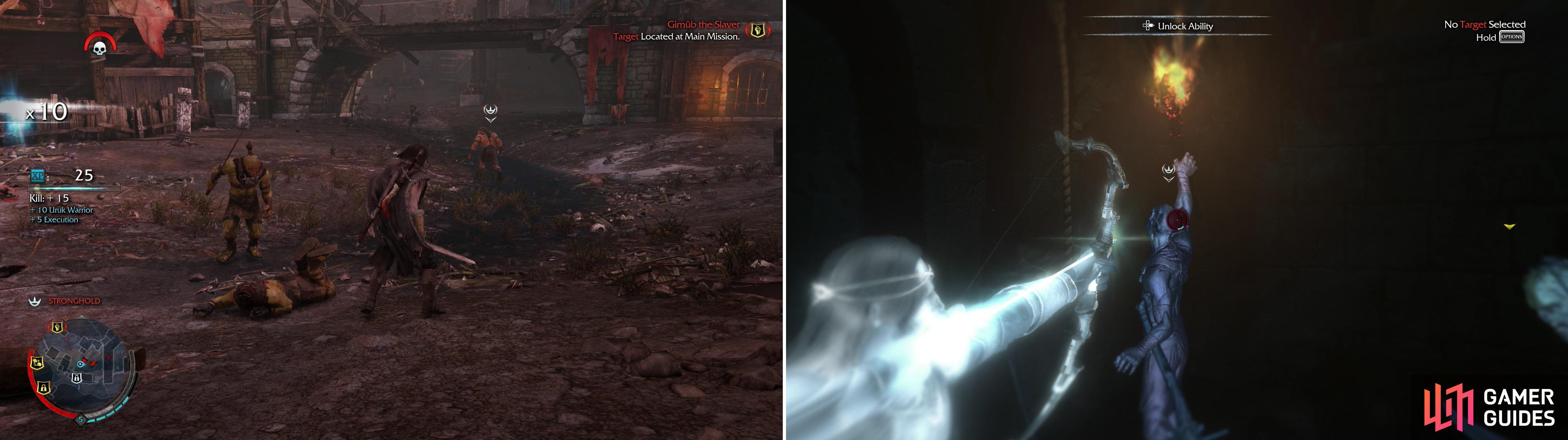 In Strongholds, tattle-tale Uruks will runs off to sound the alarm (left) and can be spotted by the symbol over their heads. If the alarm is raised (right) you’ll have to fight through respawning hordes of Uruks.