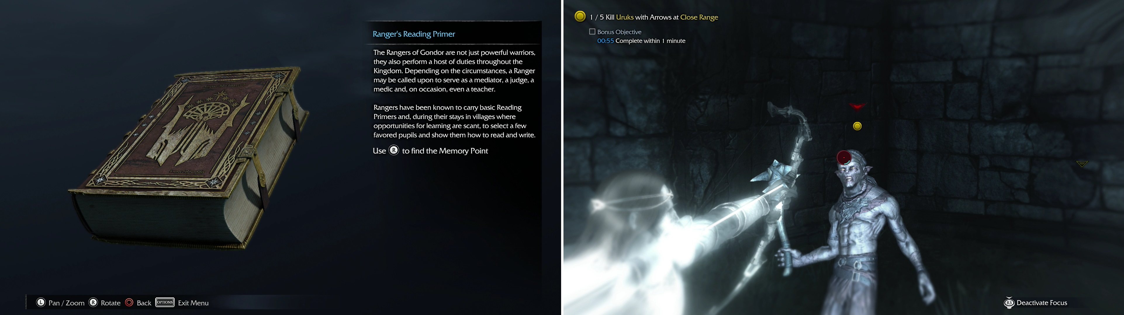 Grab the Ranger’s Reading Primer Artifact (left) as you make your way to the Forge Tower, then start “The Eye of Vengeance” Bow Mission, which charges you with shooting Uruks at close range (right).