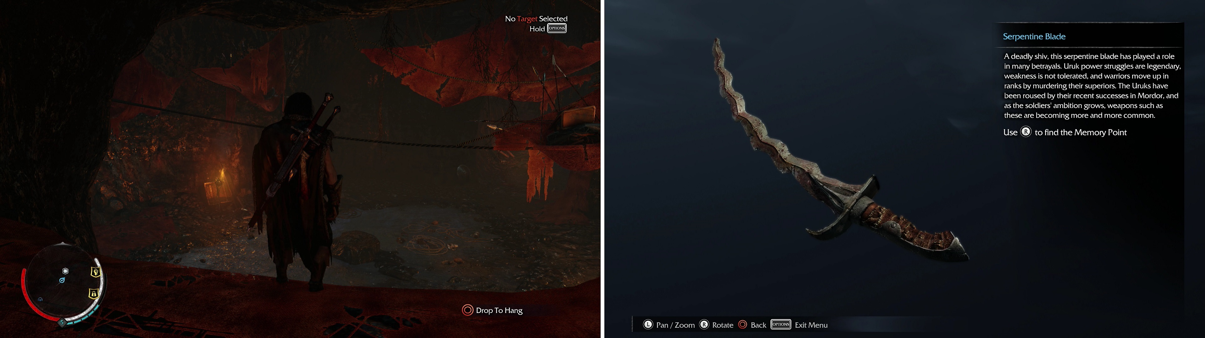 Find the hidden room in the caves (left), wherein you’ll find the Serpentine Blade Artifact (right).