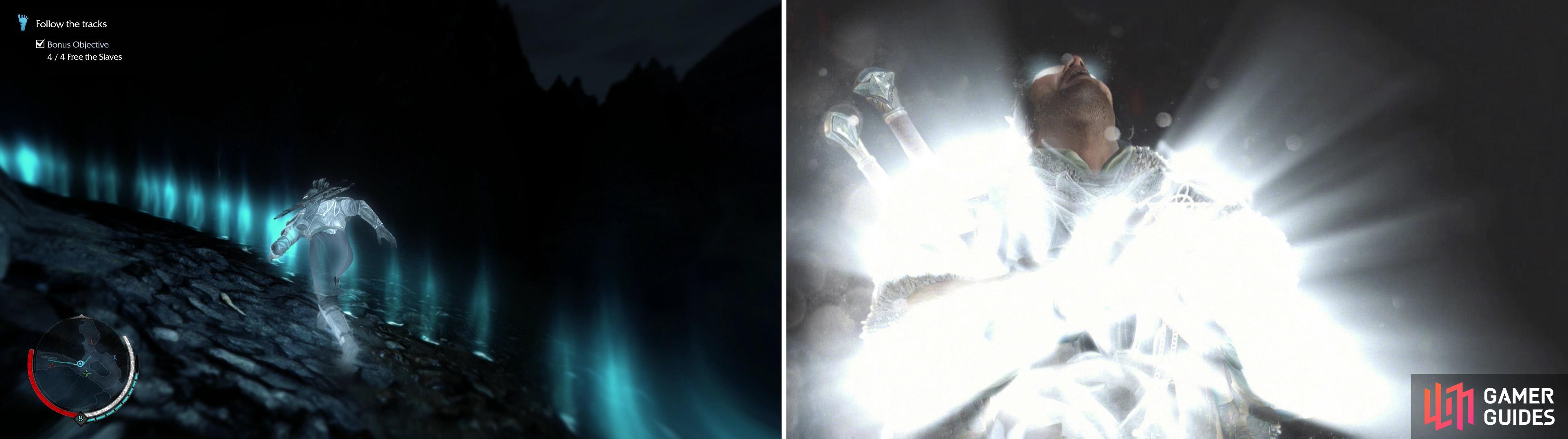 Follow the glowing blue trail the creature left (left) at the end of which we’ll find a relic. The effects of Talion’s interaction with this relic is… bright (right).