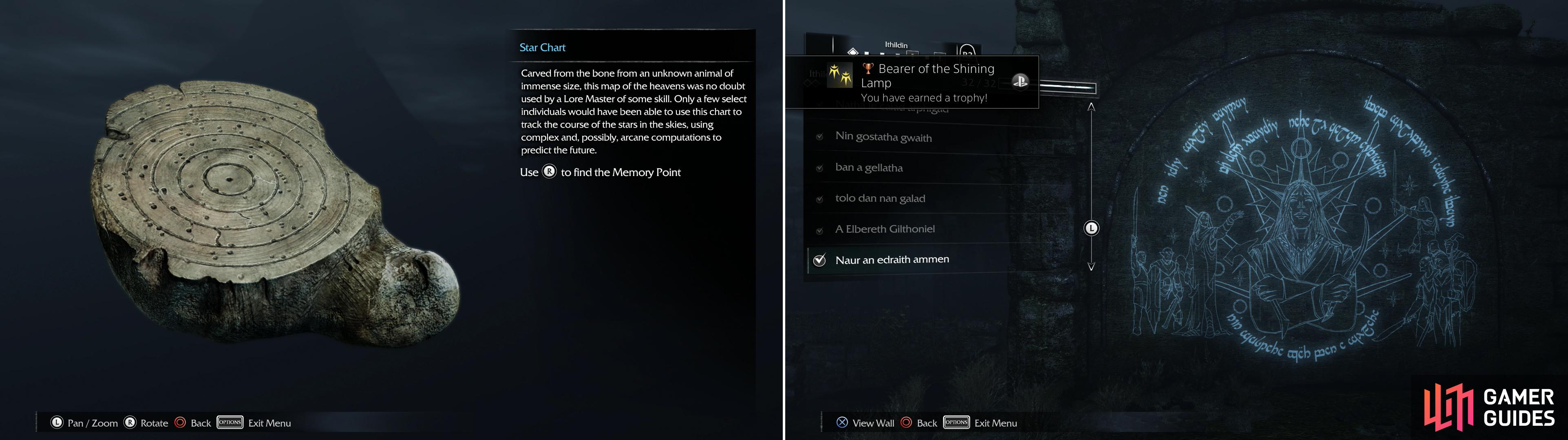 Find the Star Chart Artifact (left) then investigate the “Naur an edraith ammen” Ithildin to finish our collection (right).