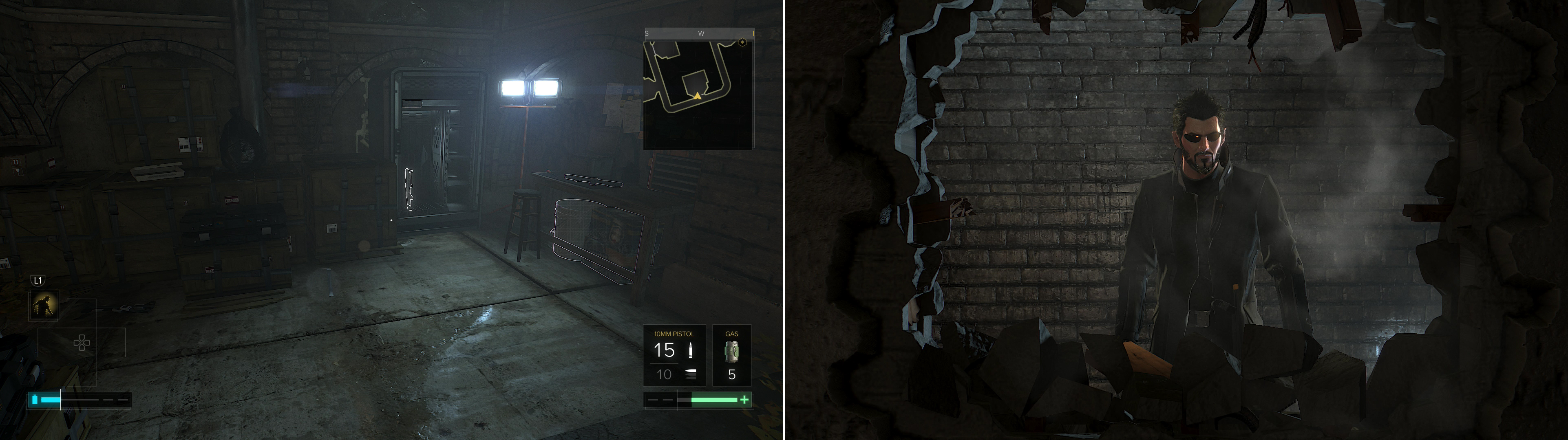 If you can hack a difficult Keypad you’ll access a room full of loot (left). Further on, if you smash a hole in a wall you’ll find another, somewhat less lucrative room (right).