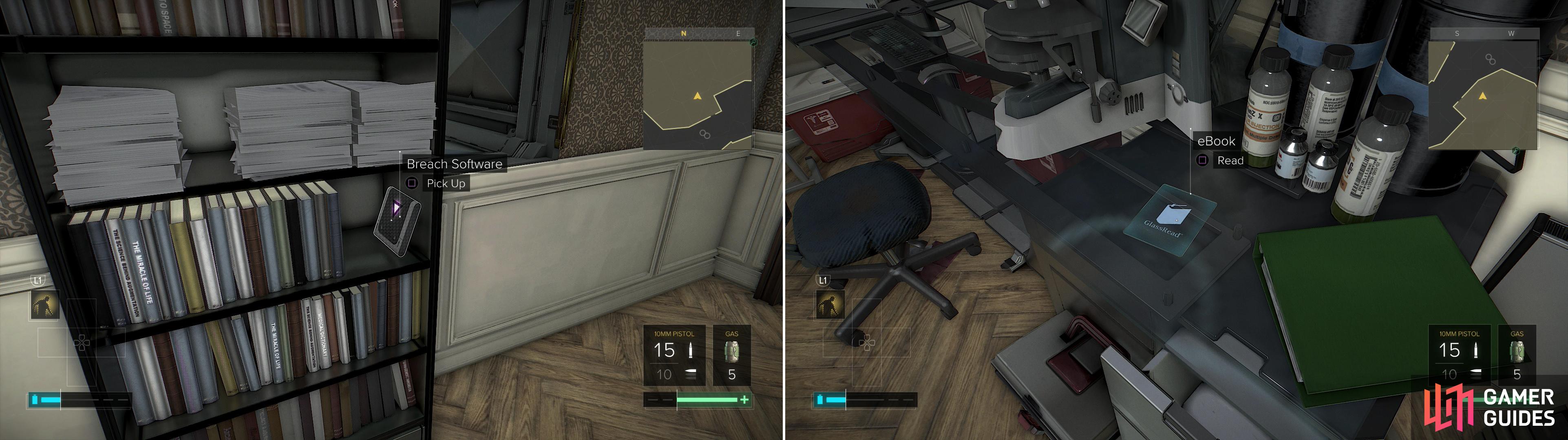 In Eugen Weisses Apartment - the apartment above the Coffee Shop - you’ll find Breach Software #27 (left) and an eBook (right).