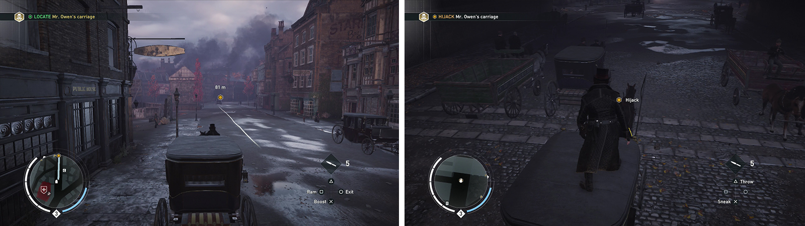 Chase after the target (left) and then jump across and hijaclk the carriage (right).