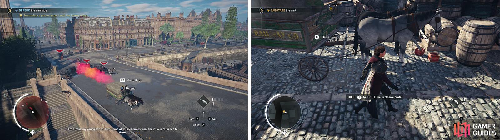 Use the pollen to target pursuing carriages for the optional objective (left). After parking the carriage, shoot some dynamite (right) to blow it up.