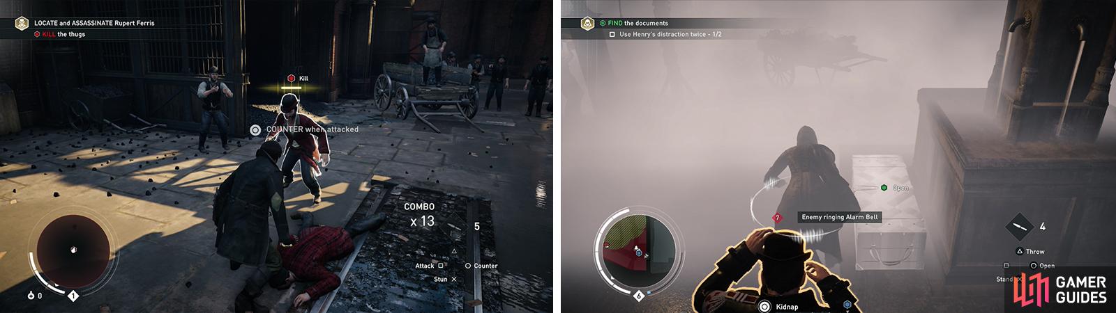 Counter enemies when their health bar flashes gold (left). Smoke bombs can be used to quickly escape combat (right).