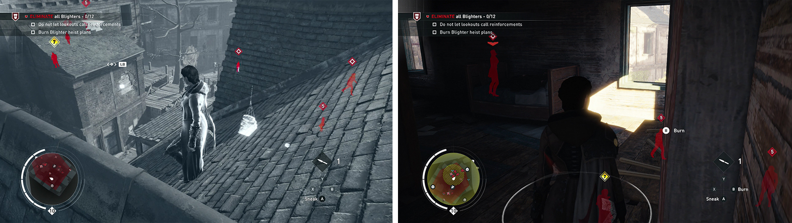 Tag the enemies using Eagle Vision from the rooftops (left). Don’t forget to burn the heist plans (right).