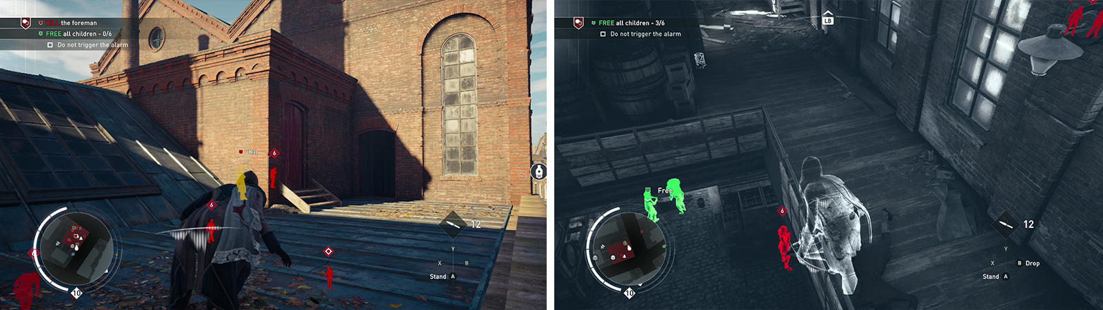 Enter via the rooftop to reach the foreman quickly (left). Work your way downwards through the building to find the children (right).