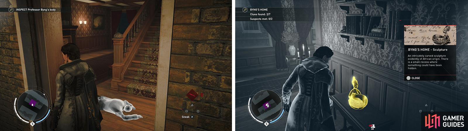 Investigate the body (left) before looting the nearby clues (right).