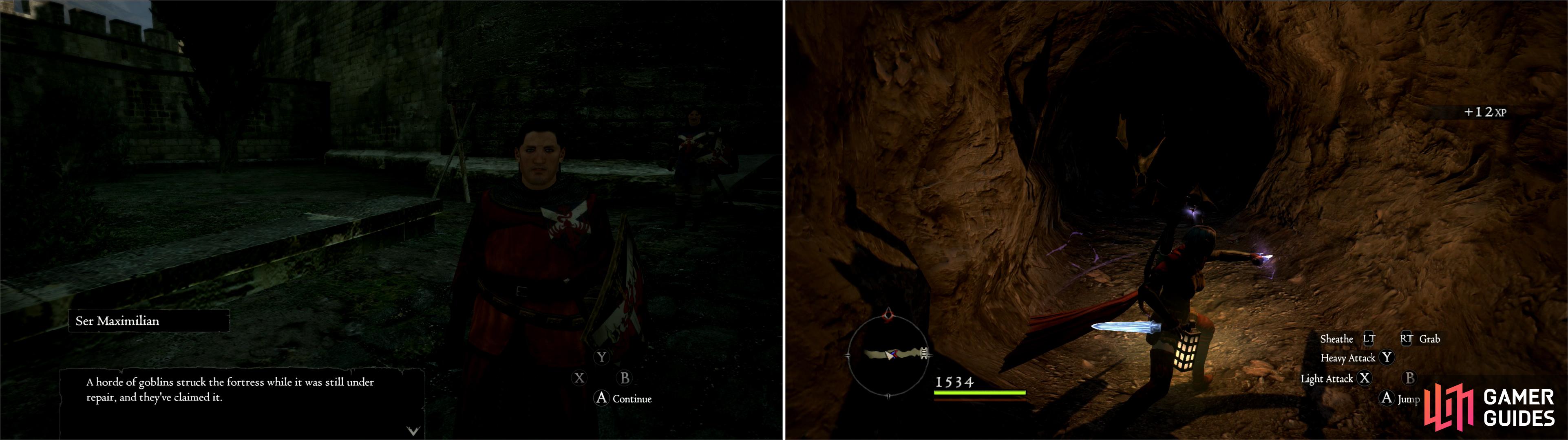 Ser Maximilian will finally give you a task worthy of an Arisen; rout a monster infestation! (left) Unfortunately “Arisen” is code for “you go first”, so sneak through the tunnel that leads into the Shadow Fort (right).