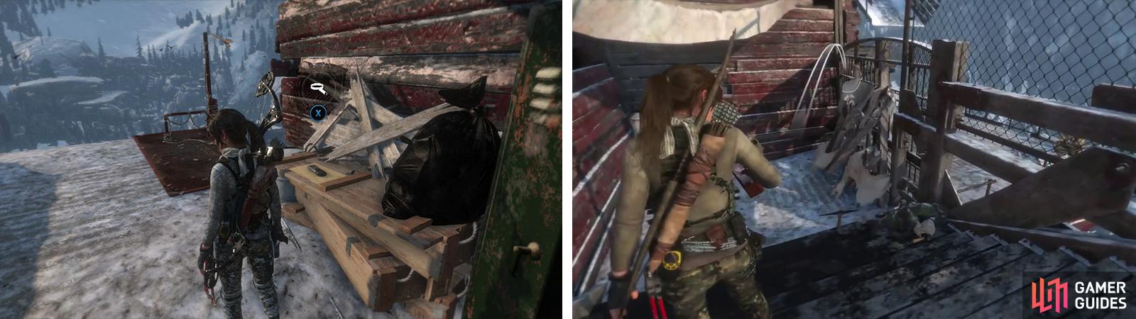 Upon reaching the top of the ladder, you’ll find Document 24 (Left). To its right is a cloth barricade to destroy (right) behind is another Poster and Relic 18.