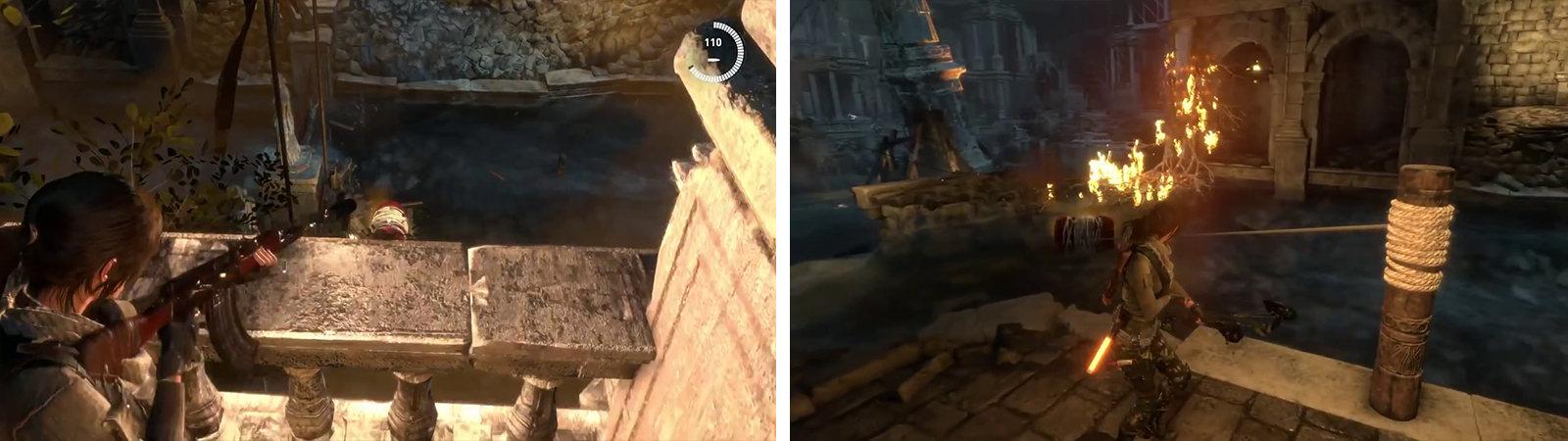 Release a barrel and destroy it when it reaches the barricade (left). Afterwards release another barrel and attach the rope pillar to it (right).