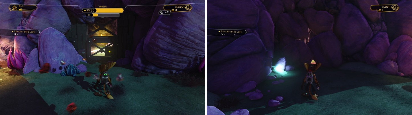 You can’t get the Gold Bolt from the front (left), but you can see some rocks you can blow up (right) if you follow the wall.