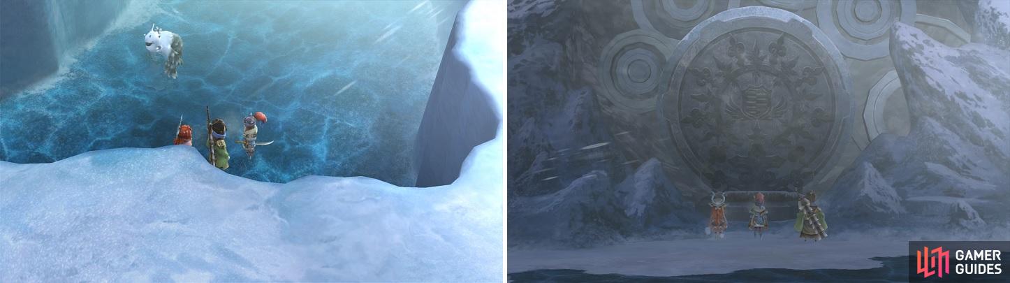 Be careful of the Crystal Shroomback, as it is very powerful (left). You’ll need to do a bit more to open the big door blocking your progress (right).