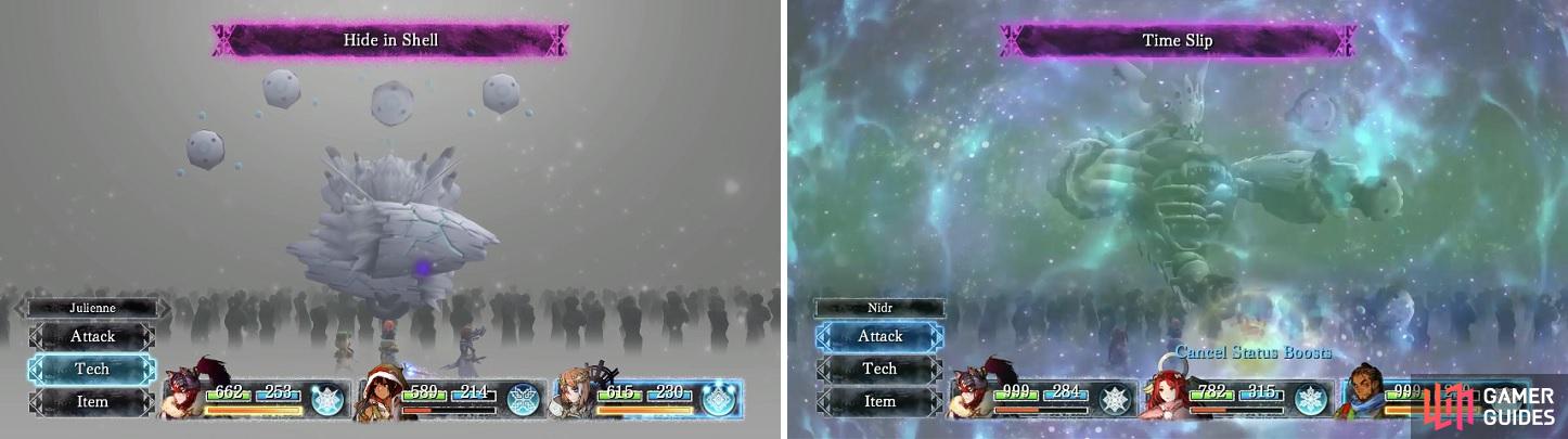 You might see some familiar moves when fighting the final form (left). Time Slip is annoying since it removes all of a character’s buffs (right).