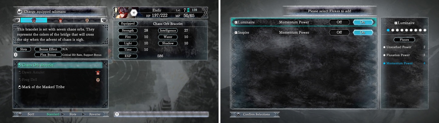 You need a Talisman with Flux Bonuses (left) in order to apply fluxes to Spritnite, which you won’t know happened until after a battle’s end (right).