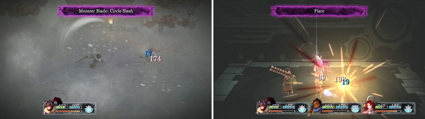 Support Spritnite offer a wide range of uses, such as recovering MP when being attacked (left) or the enemy taking some damage when they attack (right).