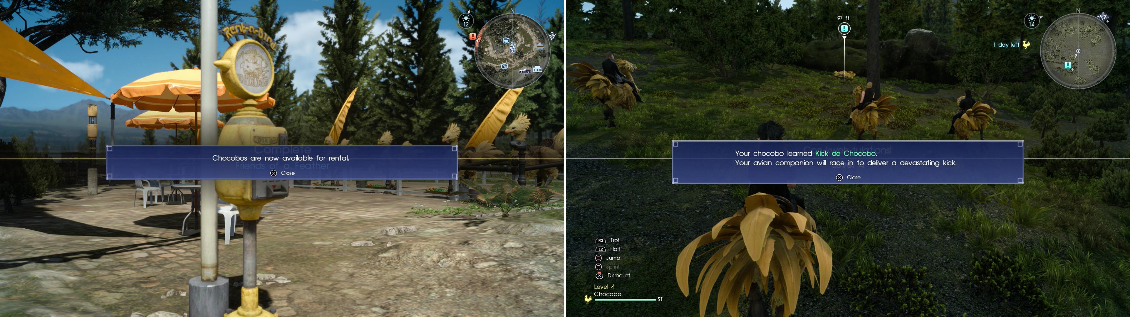 Once Deadeye is no longer a threat, you’ll be able to rent and ride Chocobo (left). As you ride them, they’ll level up, gaining stat boosts and special abilities (right).