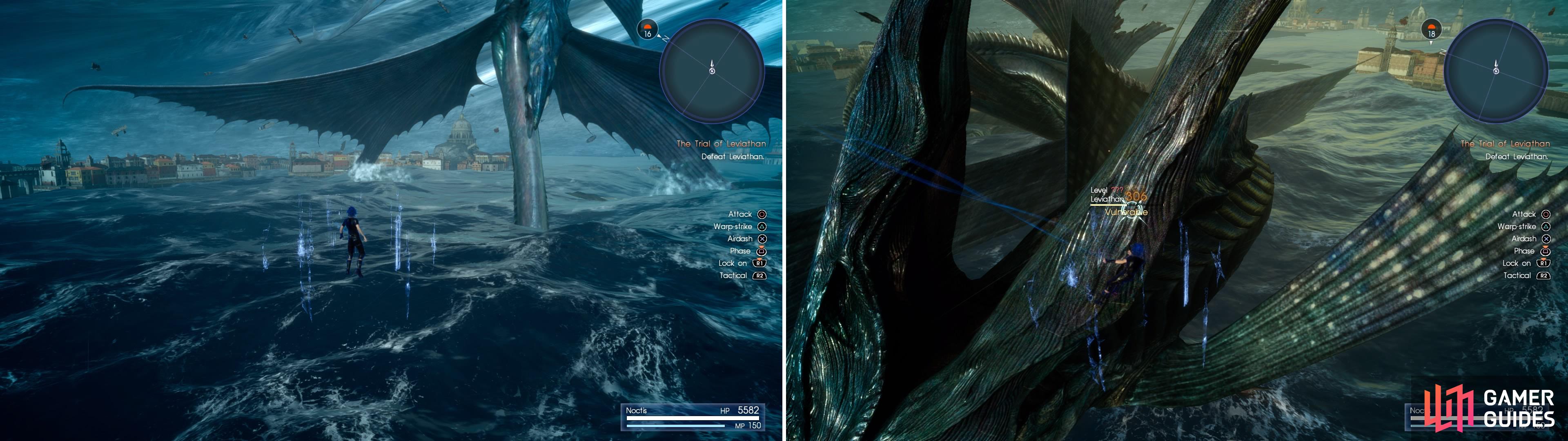 You have full access to your powers now (left) and the sheer force of them can pummel Leviathan to submission. When Leviathan is vulnerable (right) use the full force of them against her.