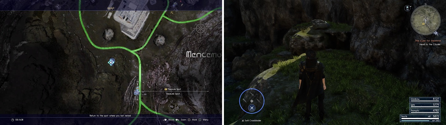 The location of the Dragoon Lance on the map (left) and in-game (right).