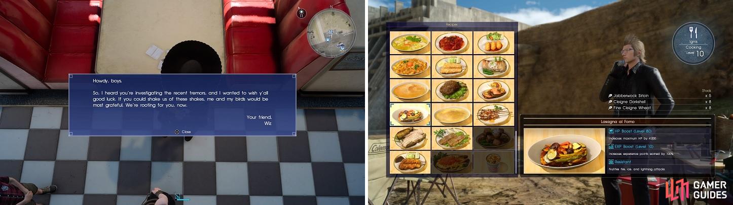 Don’t forget to check the table for Wiz’s words (left). The correct food can make the battle go faster (right).