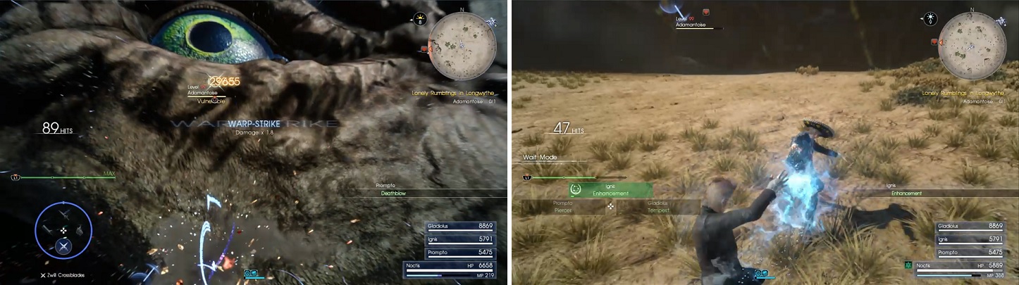 The eye area is one weak spot on the Adamantoise (left). Ignis’ Enhancement will help in whittling down its massive health (right).