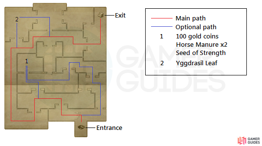 A map on how to get through the room with all of the doors, as well as the optional treasures in the same room.