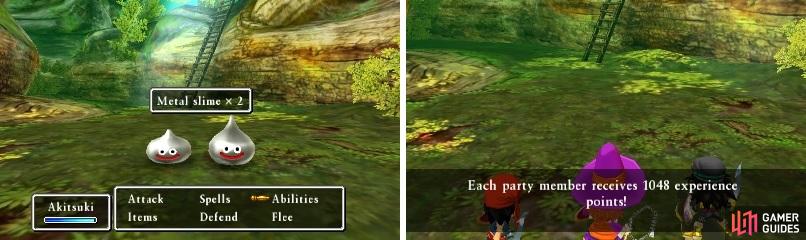 Metal Slimes (left) are one of the best ways to get level up in the Dragon Quest series, as they give a lot of experience (right) when killed.