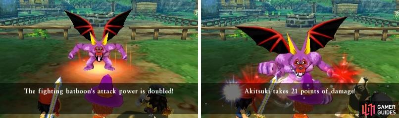 Not only can the boss increase his strength with Oomph (left), but Fists of Fury can deal massive damage to the party (right).