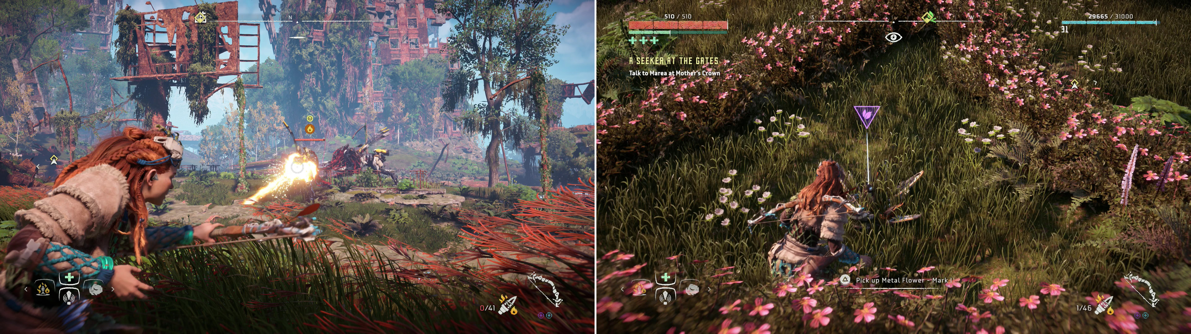 Against a pair of Corrupted Sawtooths, you’ll have to rely on their vulnerability to fire damage (left) or just ignore them entirely and sneakily grab Metal Flower - Mark I (G) right out from under their robo-noses (right).