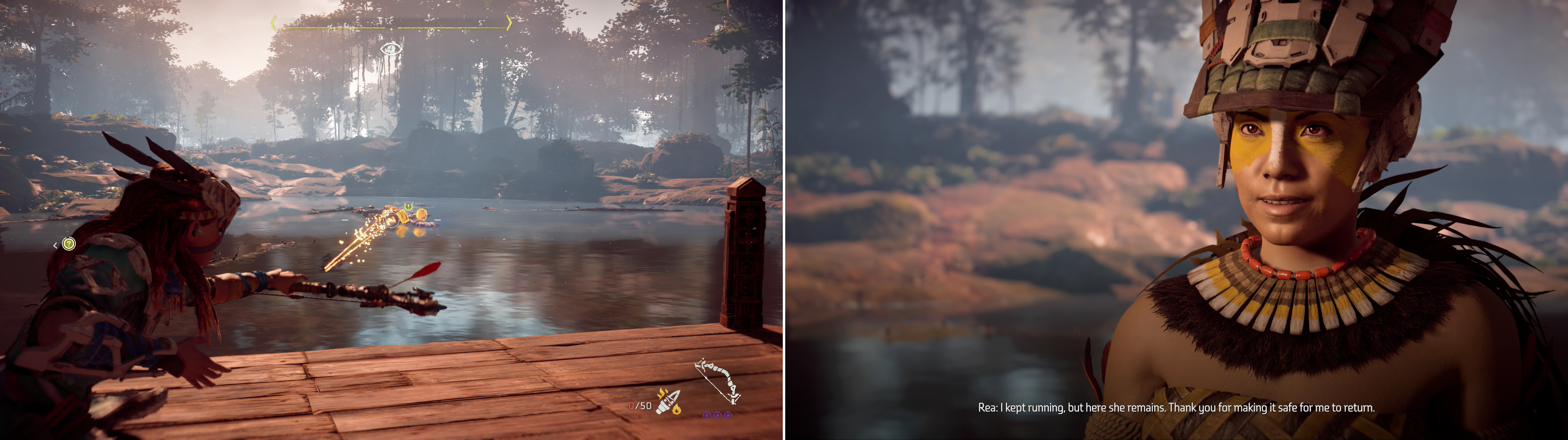 Destroy the Snapmaws infesting the water near the Lake Shrine (left) so Rea can reflect on her loss (right).