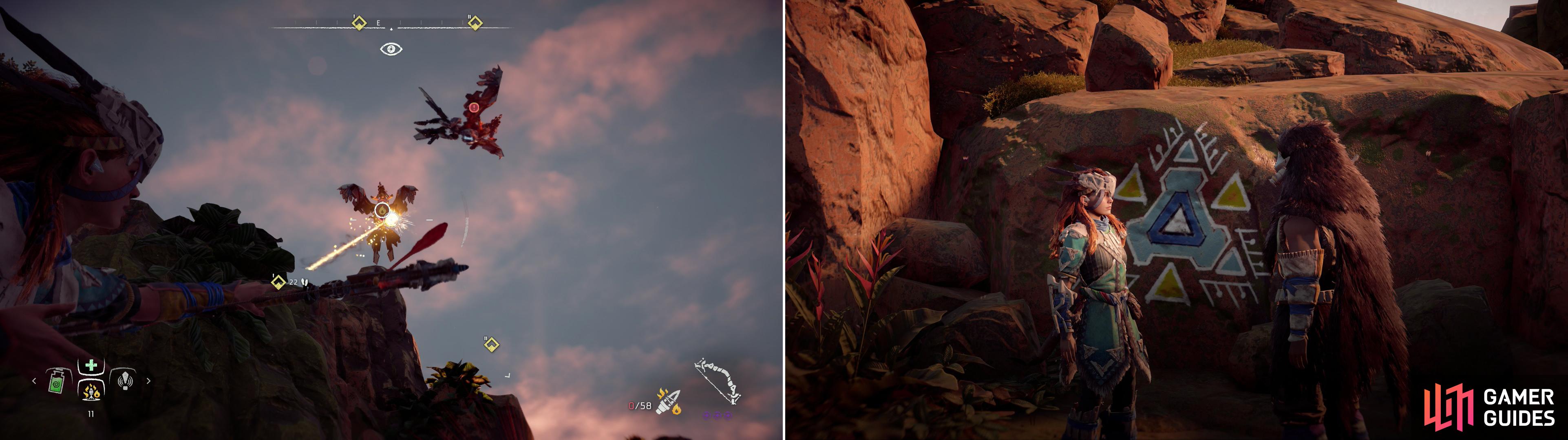 Kill the Glinthawks flying around Sun’s Climb (left) so the Banuk shaman can make his painting - and his peace (right).