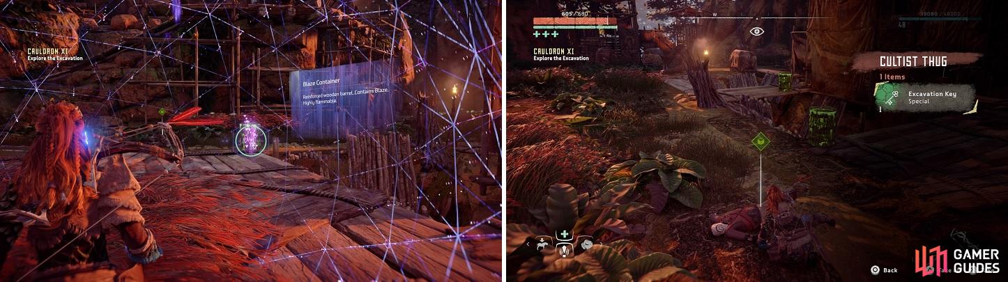 There are a lot of blaze containers around the area to help in fighting the cultists (left). You need an Excavation Key to enter the Cauldron (right).