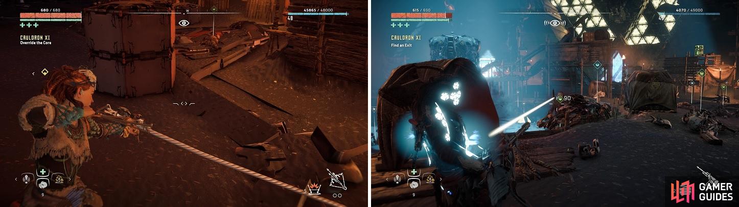 Before overriding the core, lay down some traps (left). The Deathbringer Gun will help in defending the core (right).