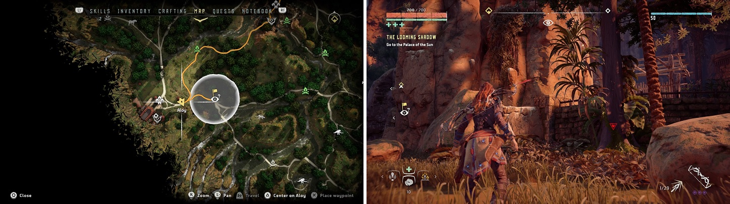 The location of where you need to start climbing to reach the Vantage Point, both on the map (left) and in-game (right).