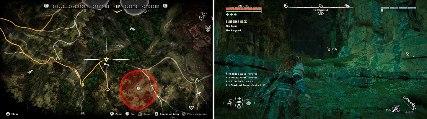 Go south from the location on the map (left) to find the entrance to the valley where Rasgrund is located (right).