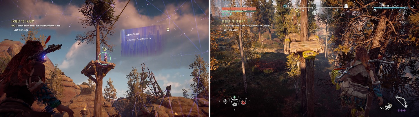 The Dreamwillow stashes are located in treetops (left), requiring you to find ways to climb to reach them (right).