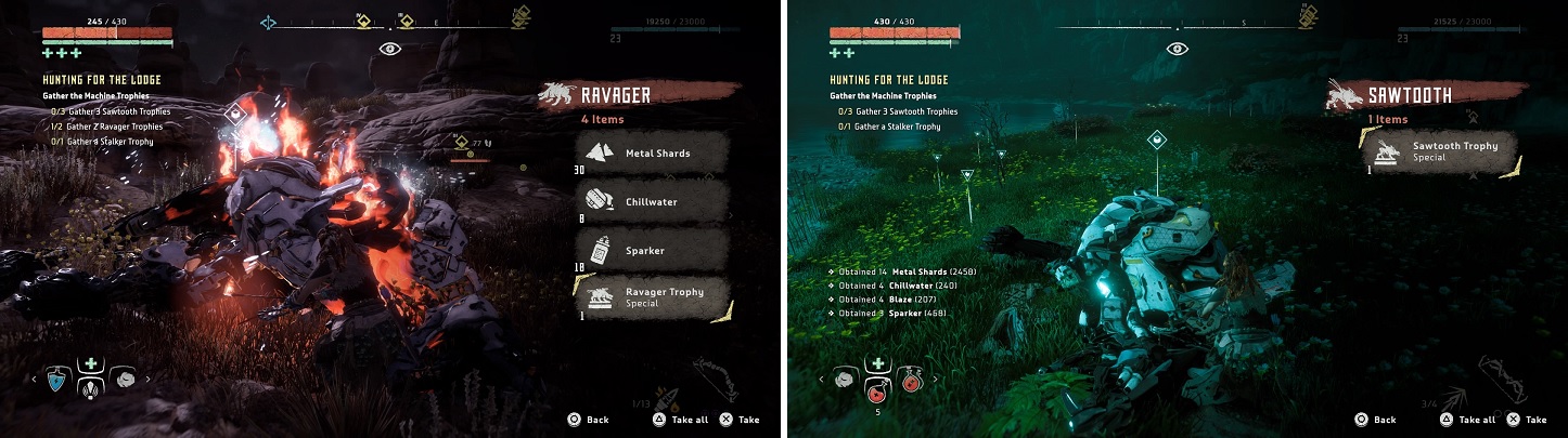 The designated machines don’t drop the trophies unless you have this part in your log (left). You also can hunt them anywhere on the game’s map (right).