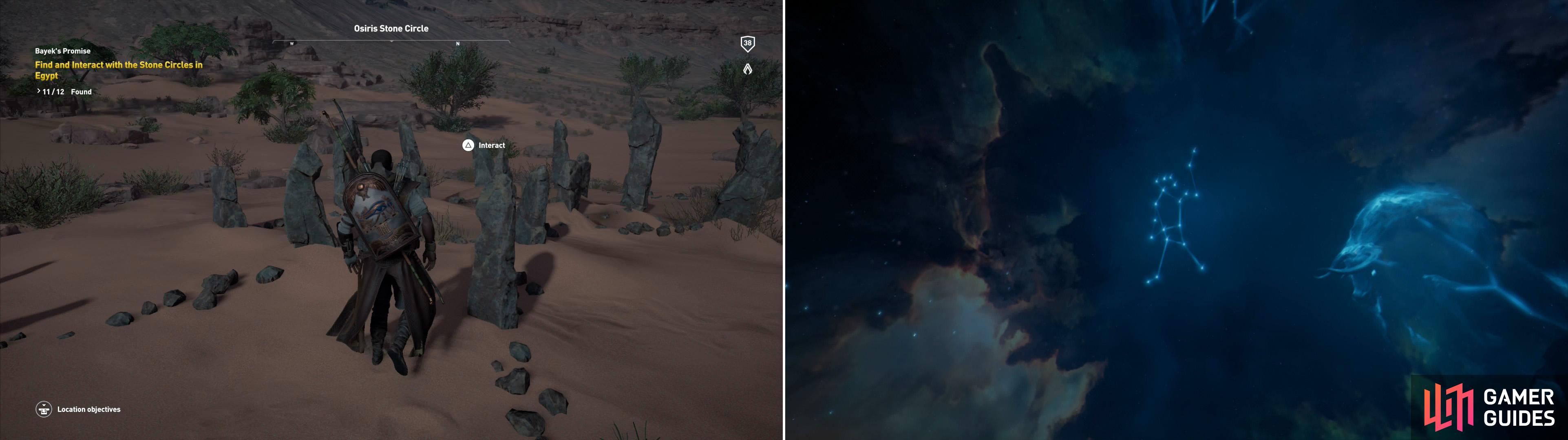 Find the Osiris Stone Circle (left) and match the constellation with the stars in the sky (right).