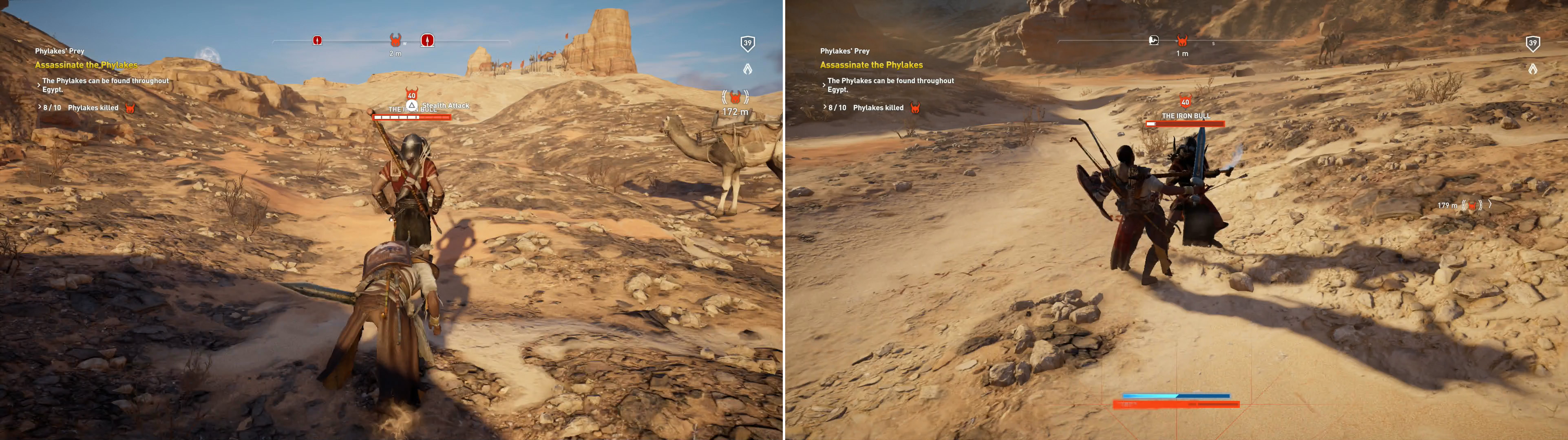 Sneak up on your prey - the massive damage to start out the fight will help (left). The Iron Bull’s reach and attack speed makes him a dangerous foe in melee combat (right).