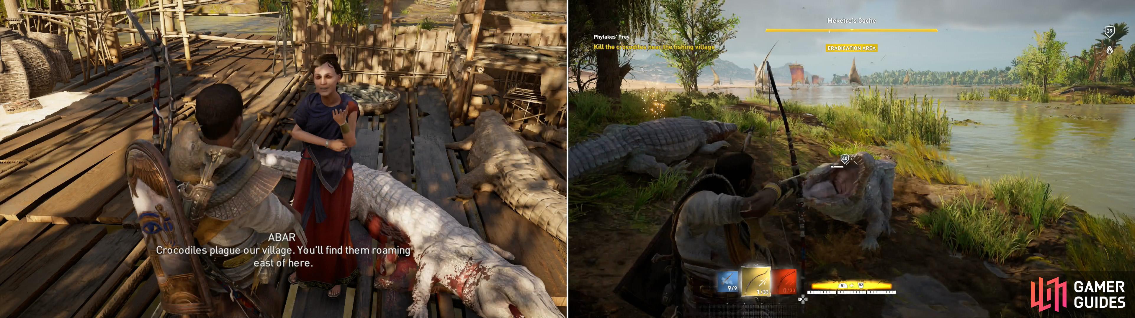 Find Abar in her secluded fishing village (left) then kill the crocodiles as she requested (right).