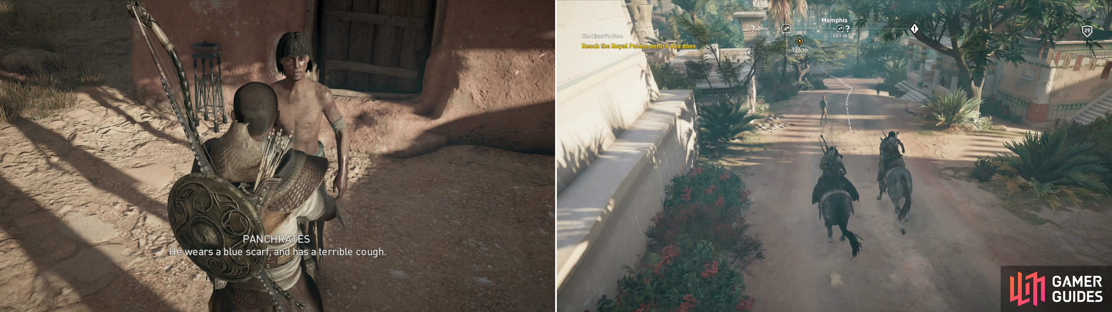 Panchrates will tell you how to spot The Lizard (left). Race Aya to the Palace of Apries (right).