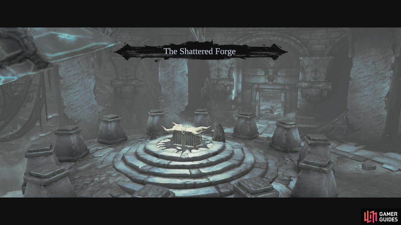 Drop down to the middle of the room and the door will locked, forcing you to fight off a stalker and a group of prowlers. Once they are dead mosey on up and through the doorway. Grab the two chests here and continue through the next door. As you go around the corner, again gates will pop up fencing you in. Kill off a pair of corrupt construct champions and the group of tainted constructs to lower the gates and continue. Wallrun across the gap here and enter the door at the far end.