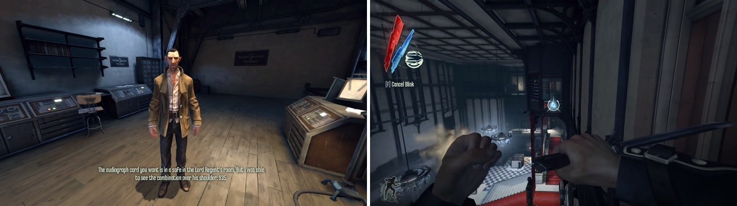 The Propaganda Officer at the top of the Broadcast Tower will tell you the combination (left) to the Lord Regent’s safe. Burrows’ chambers can be accessed by Blinking to the balcony pictured on the right).