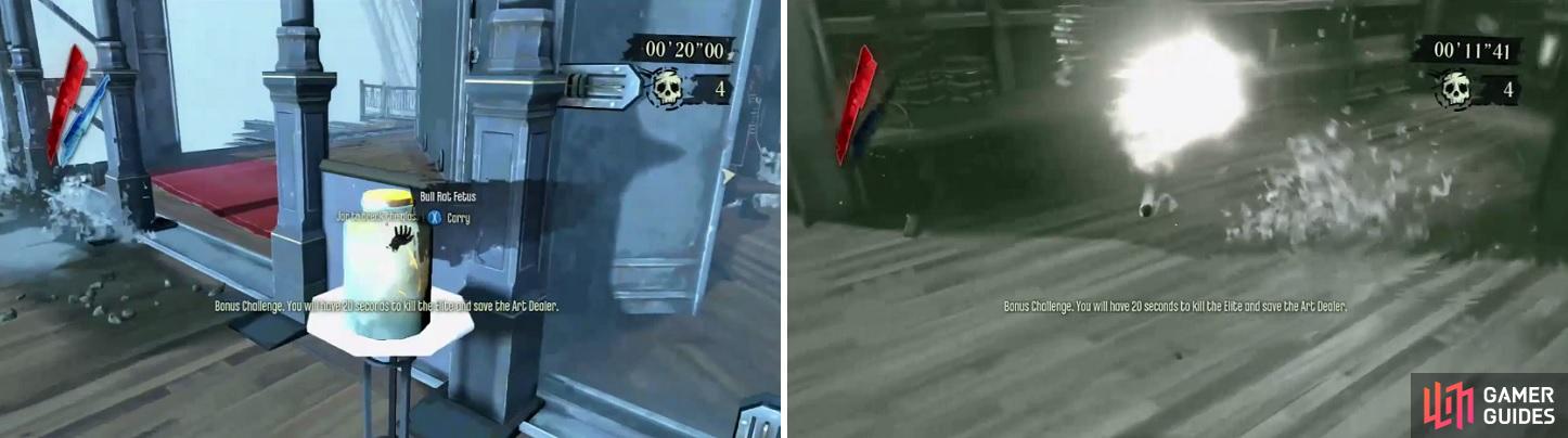 For the first bonus, you’ll have to pick up the jar and throw it at the glass to break it (left). Possess the guy shooting and place him in front of the bullet’s trajectory (right).